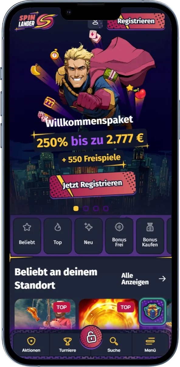 Startseite von Spinlander mit Hauptnavigation und Spielbereich