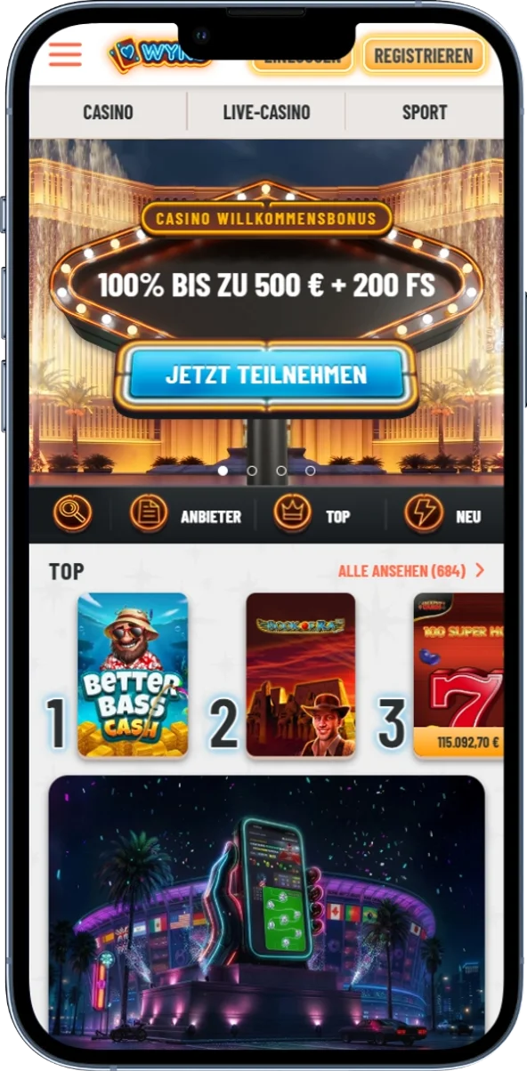 Startseite des Wyns Online-Casinos