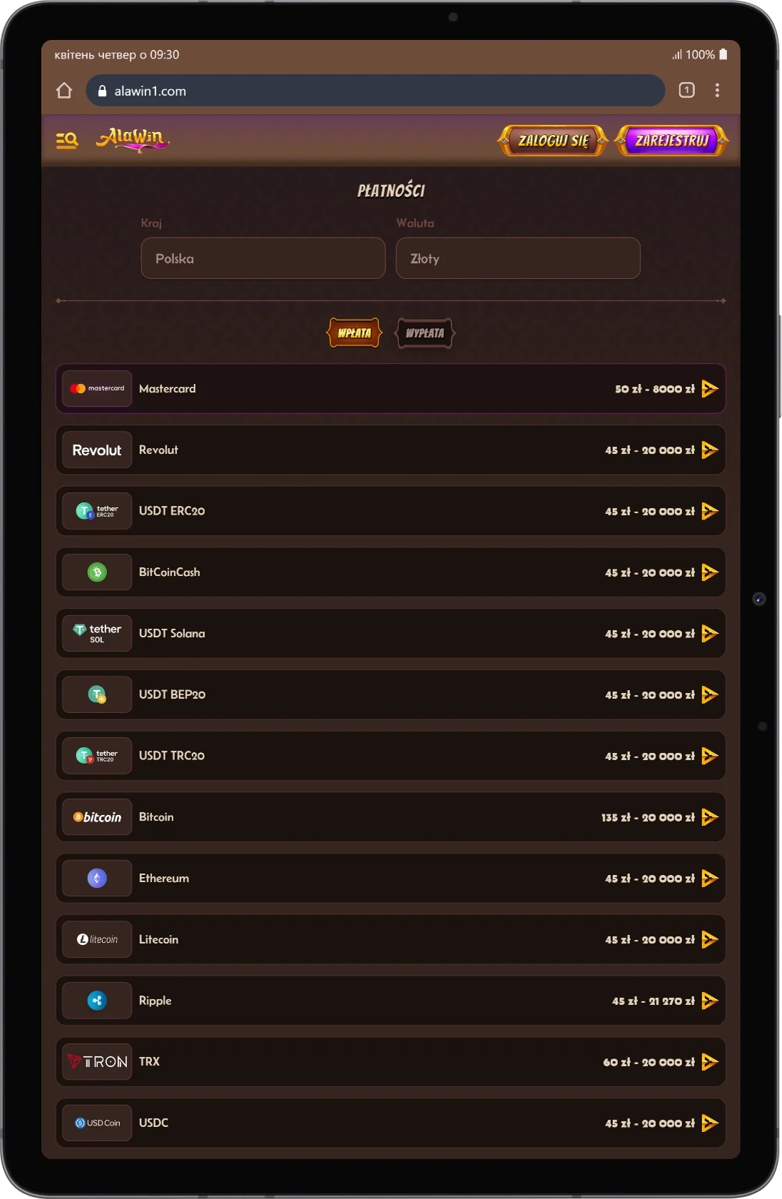 Przycisk wpłaty w kasynie online Alawin