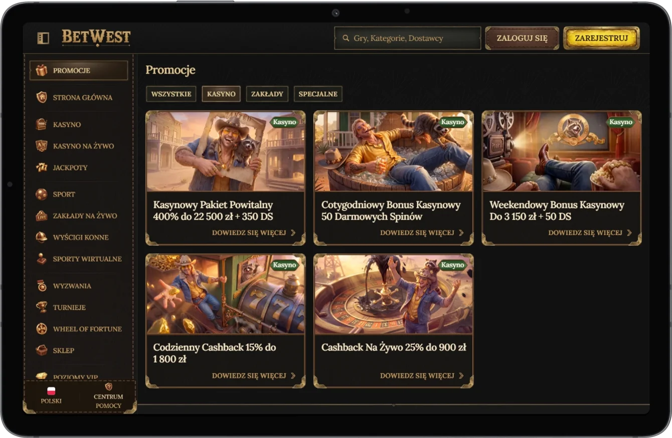 Sekcja bonusów i promocji w BetWest Casino