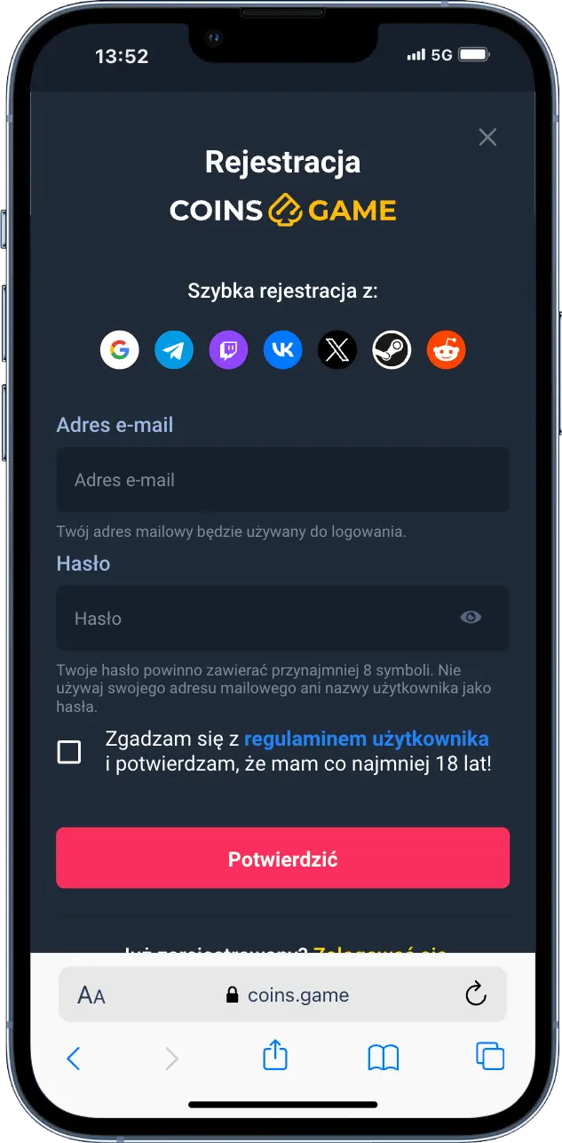 Rejestracja w Coins Game Rejestracja w Coins Game zrzut ekranu
