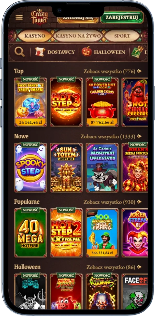 Zrzut ekranu katalogu gier dostępnych w CrazyTower