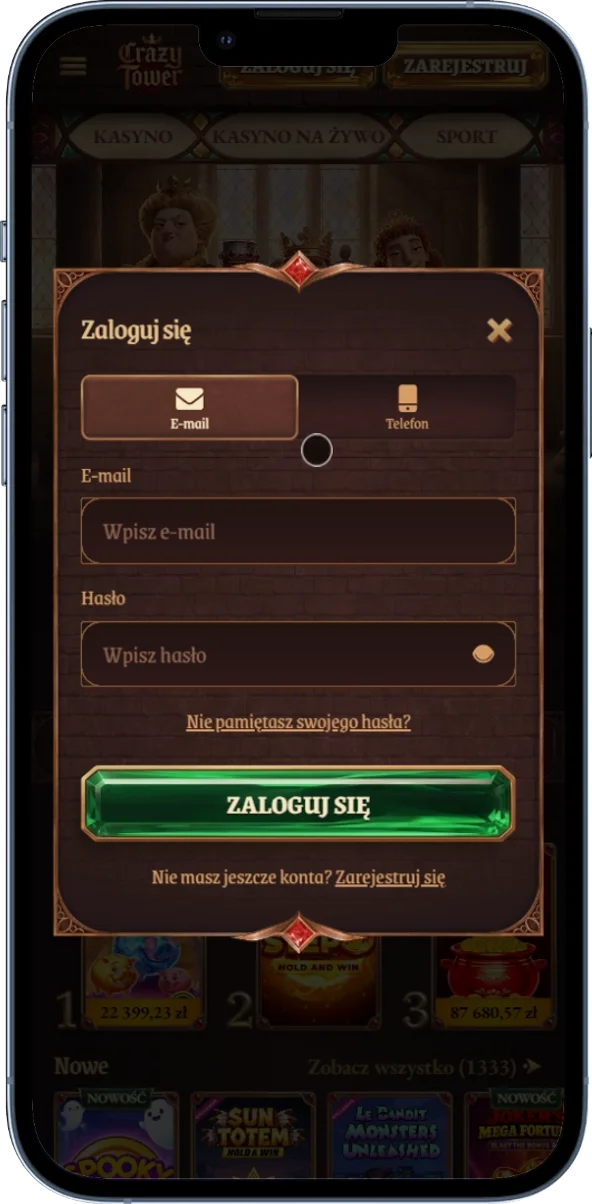 Zrzut ekranu logowania do konta CrazyTower