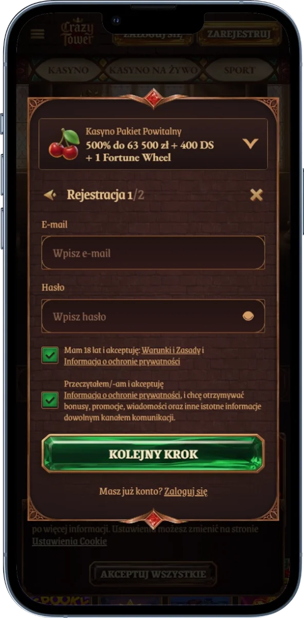 Zrzut ekranu formularza rejestracji w CrazyTower