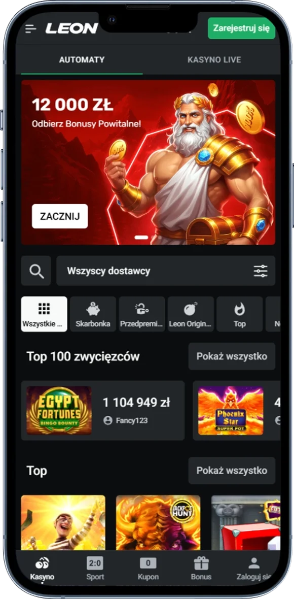 Widok strony głównej Leon Casino