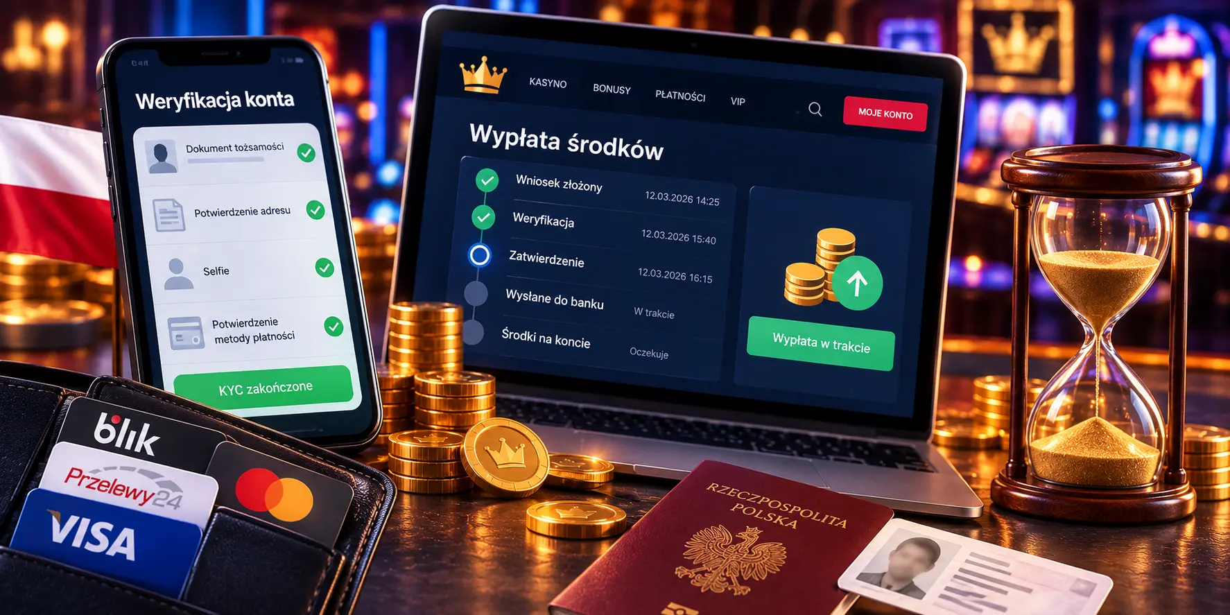 Ilustracja przedstawiająca weryfikację tożsamości KYC, etapy wypłaty środków i metody płatności w kasynie online