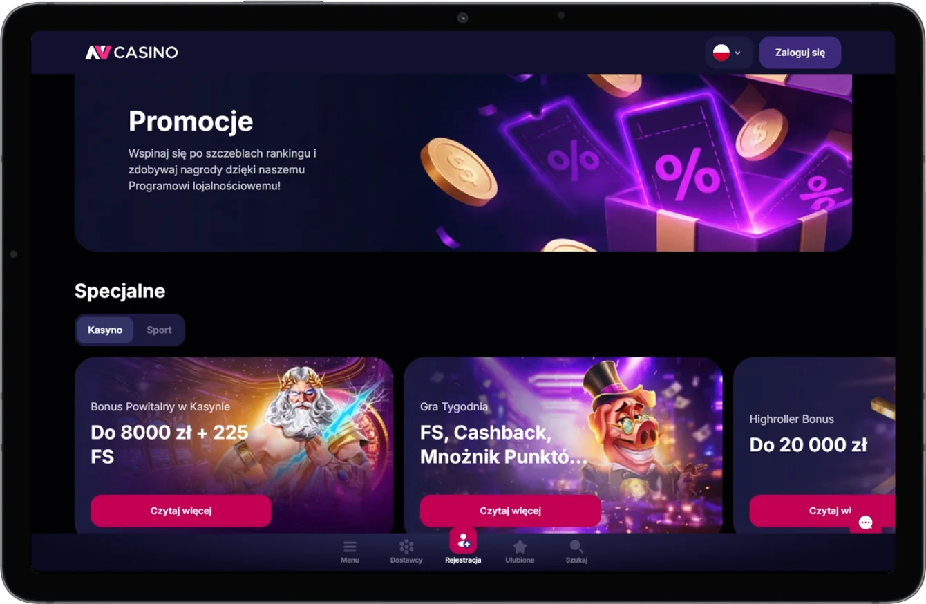Zrzut ekranu przedstawiający sekcję bonusów w NV Casino