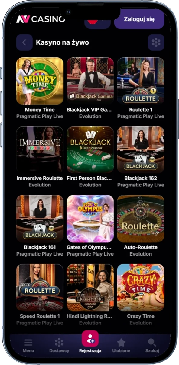 Zrzut ekranu przedstawiający lobby Kasyna na żywo w NV Casino