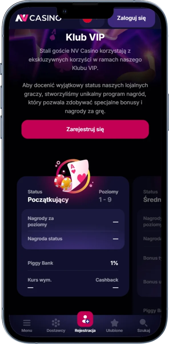 Zrzut ekranu przedstawiający sekcję Klubu VIP w NV Casino