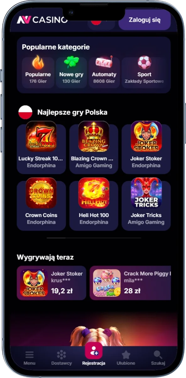 Zrzut ekranu przedstawiający lobby z kategoriami gier w NV Casino