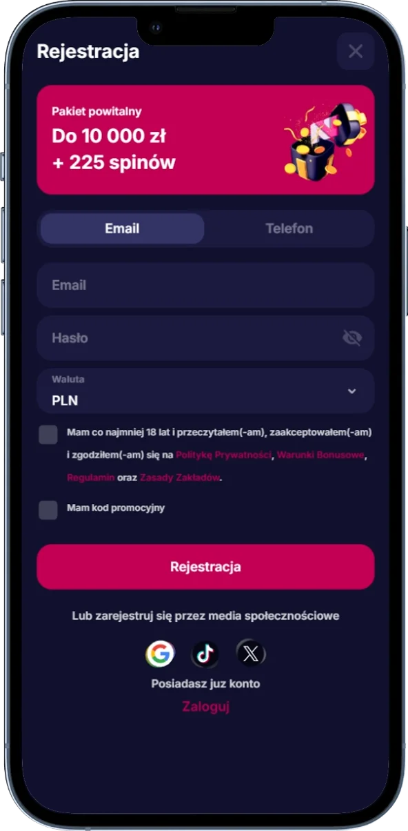 Zrzut ekranu przedstawiający formularz rejestracji w NV Casino