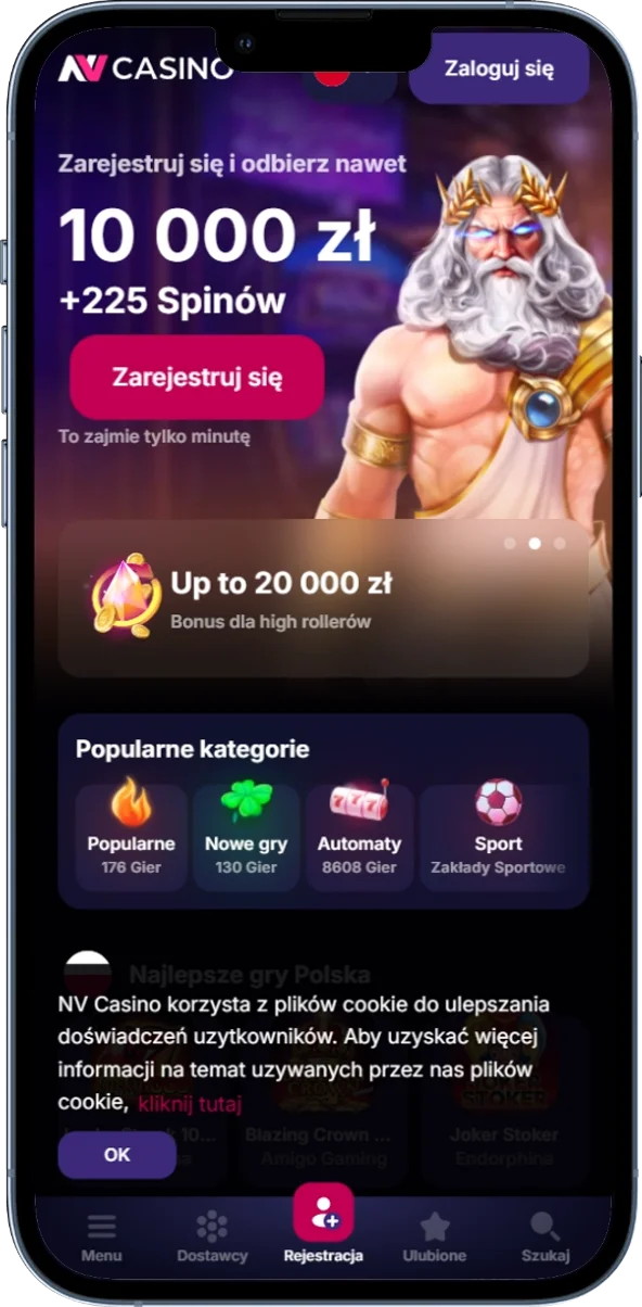 Zrzut ekranu przedstawiający stronę główną NV Casino