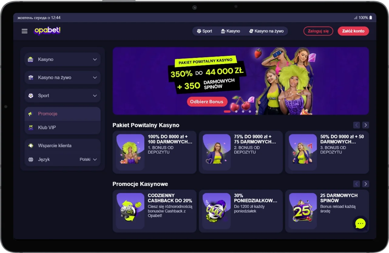Zrzut ekranu sekcji bonusów i promocji w kasynie Opabet