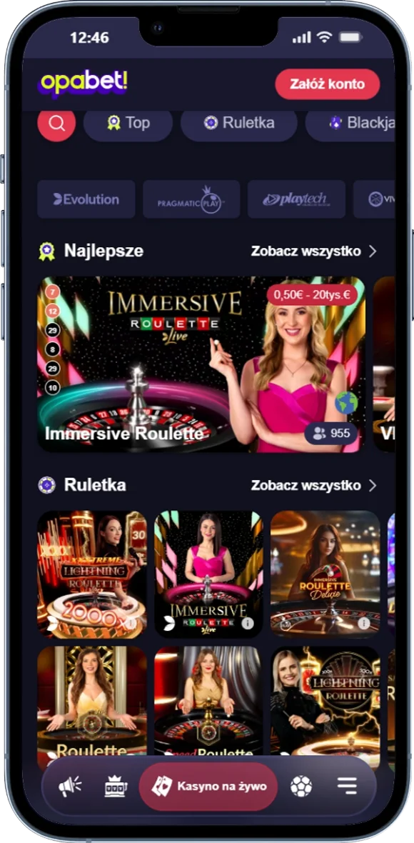 Zrzut ekranu sekcji Live Casino Opabet z grami na żywo