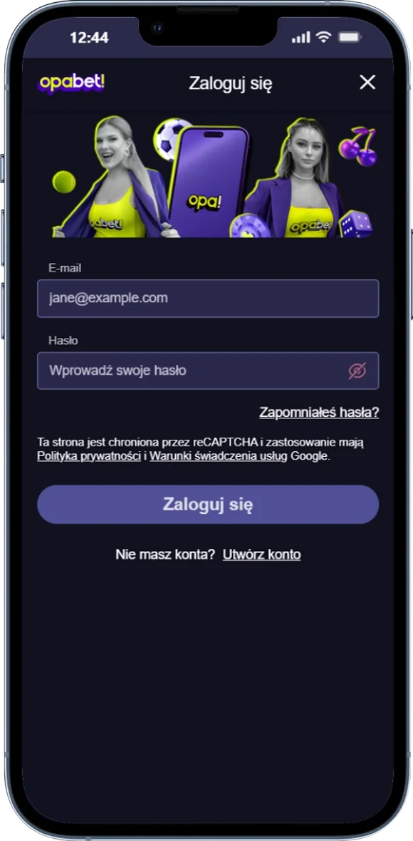 Zrzut ekranu panelu logowania do konta Opabet na telefonie