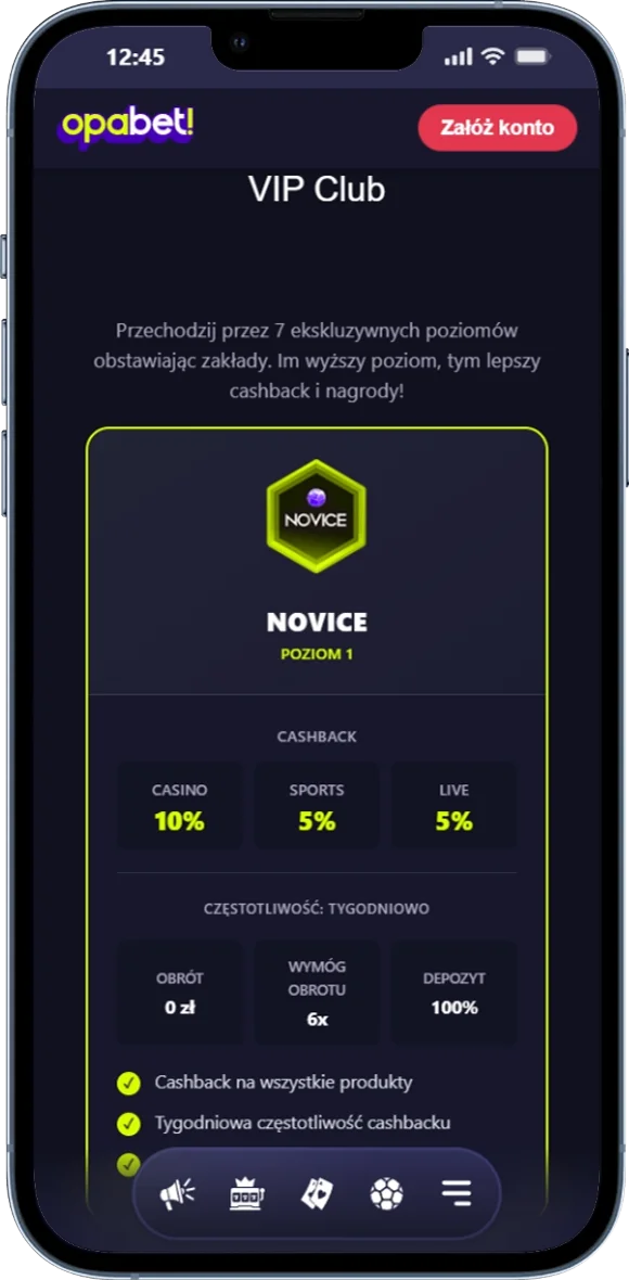 Zrzut ekranu programu VIP Opabet z poziomami lojalnościowymi