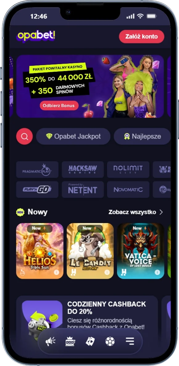 Zrzut ekranu strony głównej Opabet z menu kasyna i głównymi sekcjami serwisu