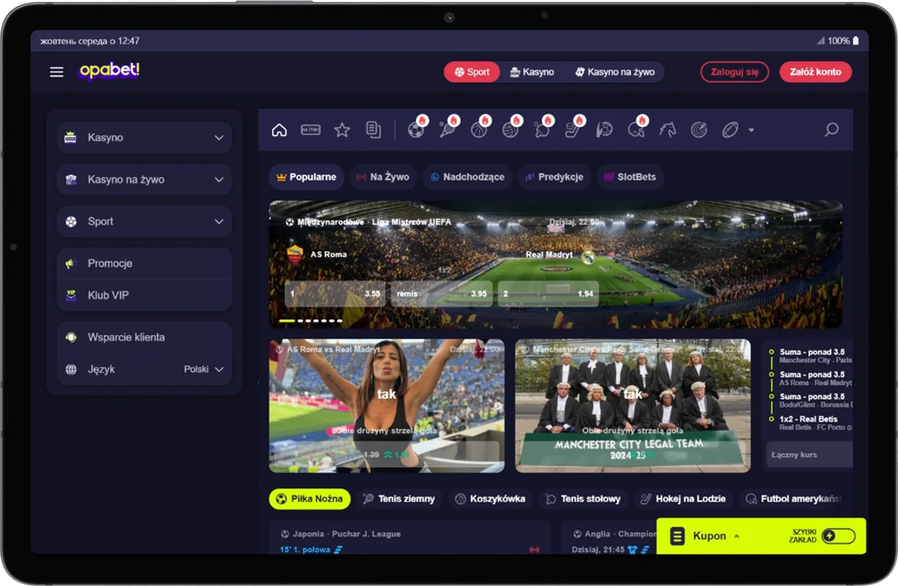 Zrzut ekranu sekcji zakładów sportowych w Opabet
