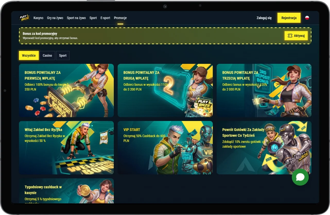 Zrzut ekranu sekcji promocji PlayBaze z ofertami bonusowymi dla graczy