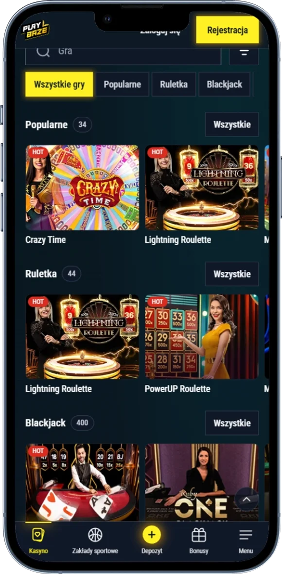Zrzut ekranu sekcji Live Casino PlayBaze z grami prowadzonymi przez krupierów