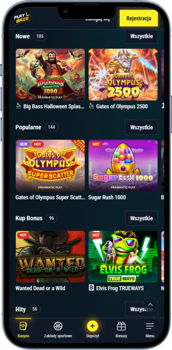Zrzut ekranu lobby PlayBaze z katalogiem automatów i kategoriami gier