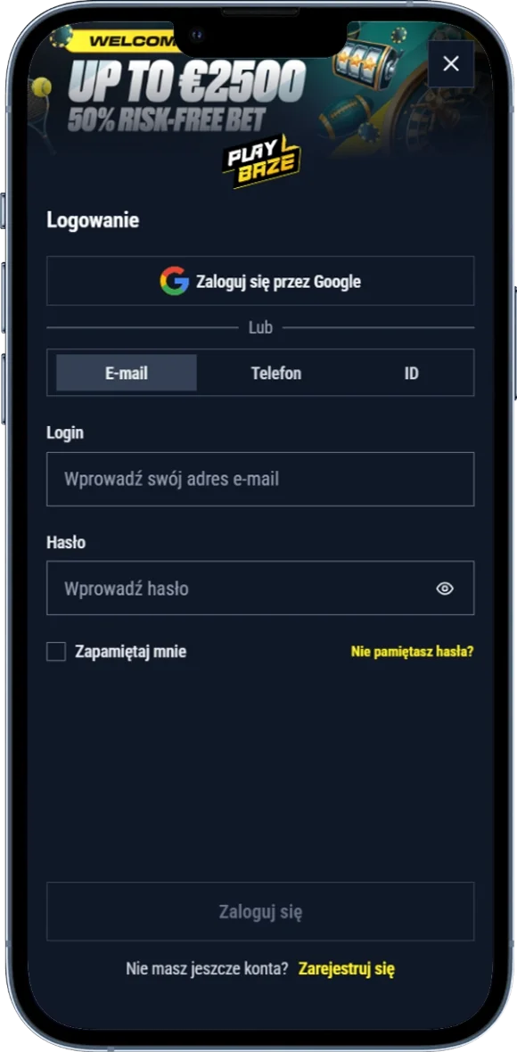Zrzut ekranu formularza logowania do konta PlayBaze w wersji mobilnej