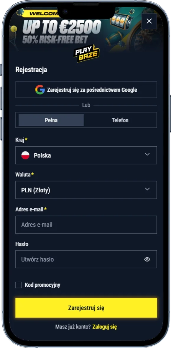 Zrzut ekranu formularza rejestracji konta w PlayBaze na telefonie