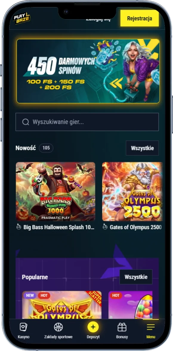 Zrzut ekranu strony głównej PlayBaze z menu kasyna, gier i zakładów sportowych