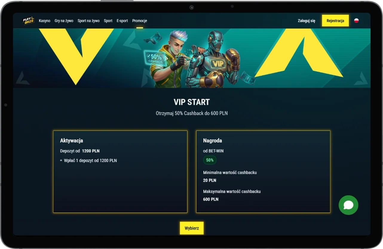 Zrzut ekranu promocji VIP START z ofertą cashback w PlayBaze