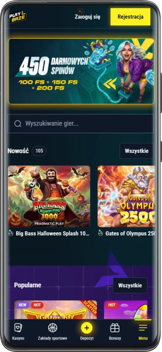 Zrzut ekranu kasyna PlayBaze w przeglądarce na telefonie z Androidem