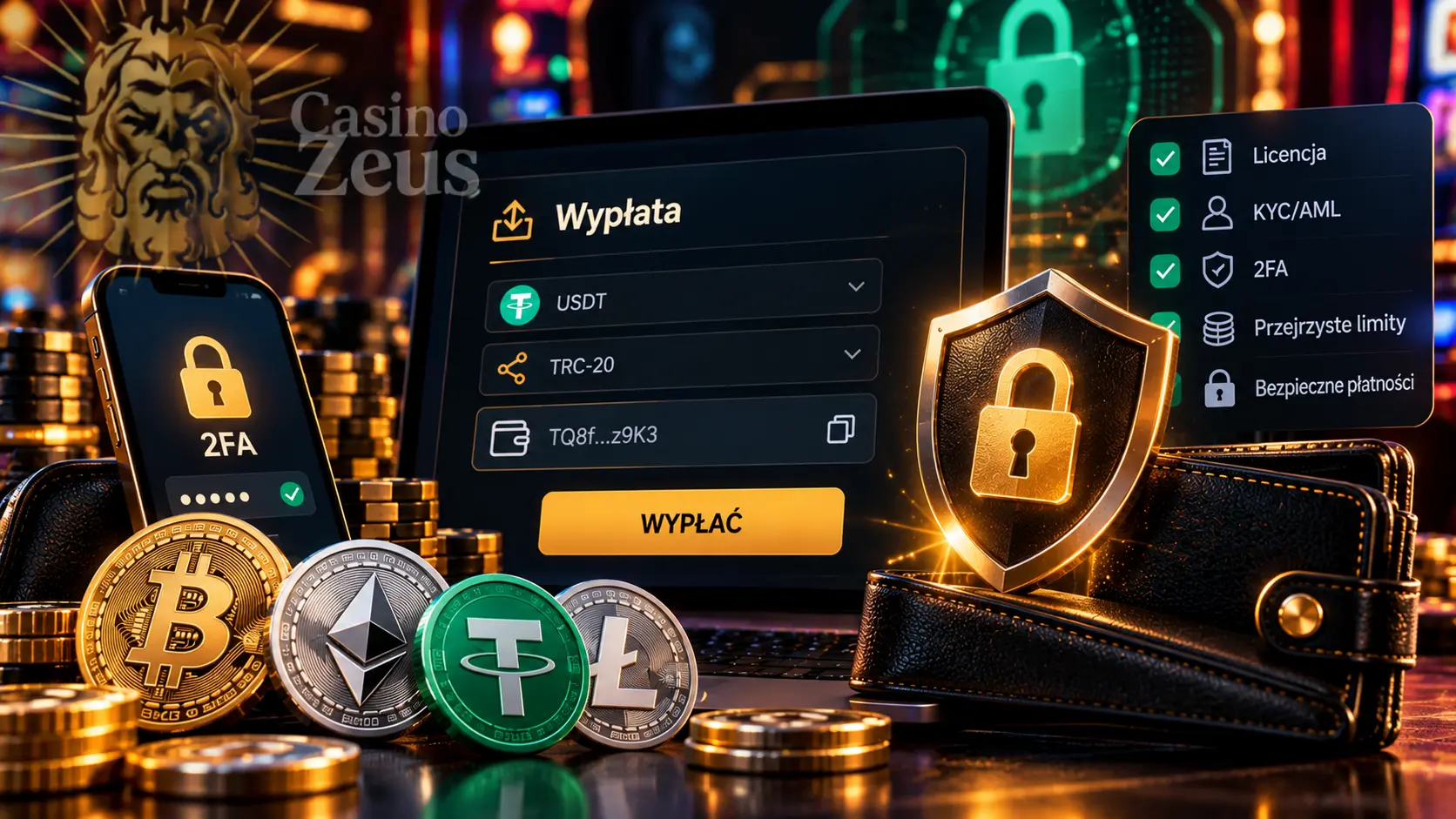 Ilustracja zabezpieczeń portfela kryptowalutowego z symbolem kłódki, weryfikacją 2FA i listą kontroli bezpieczeństwa