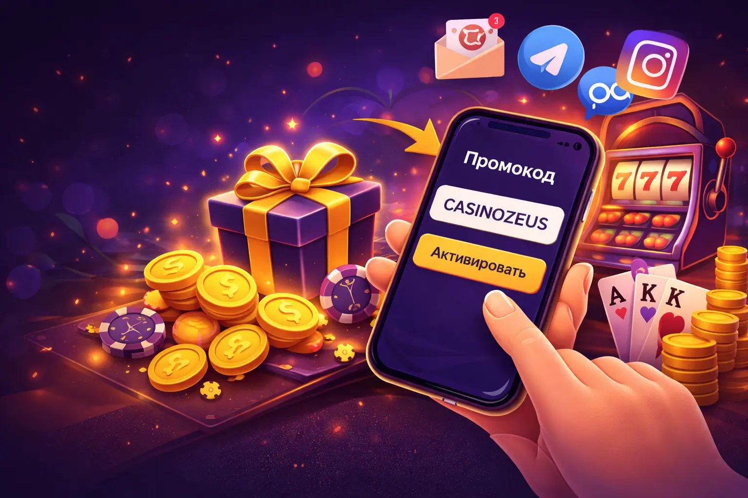 Иллюстрация промокода казино со смартфоном, подарком и игровыми символами