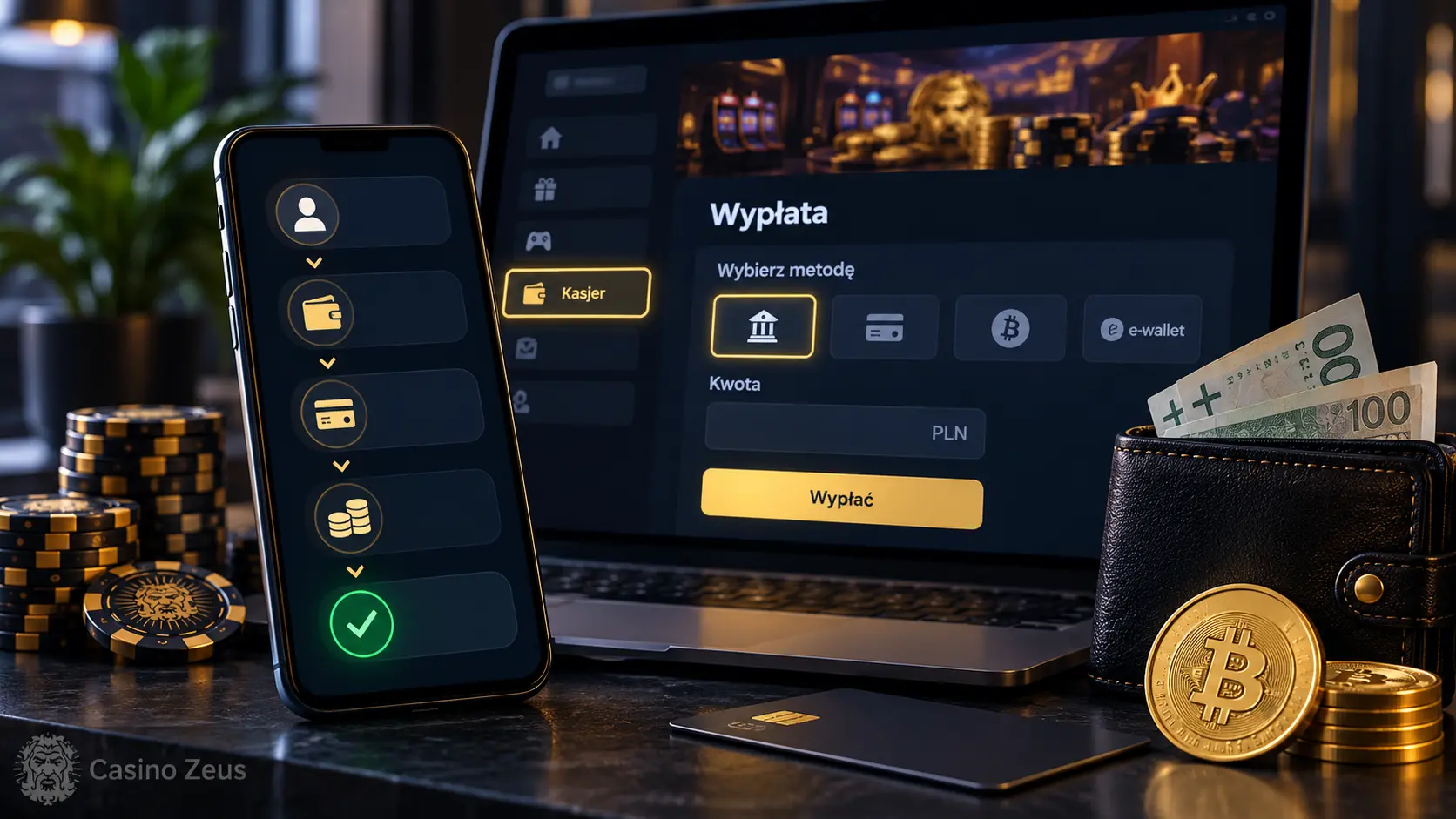 Obrazek przedstawiający proces wypłaty pieniędzy z kasyna online krok po kroku