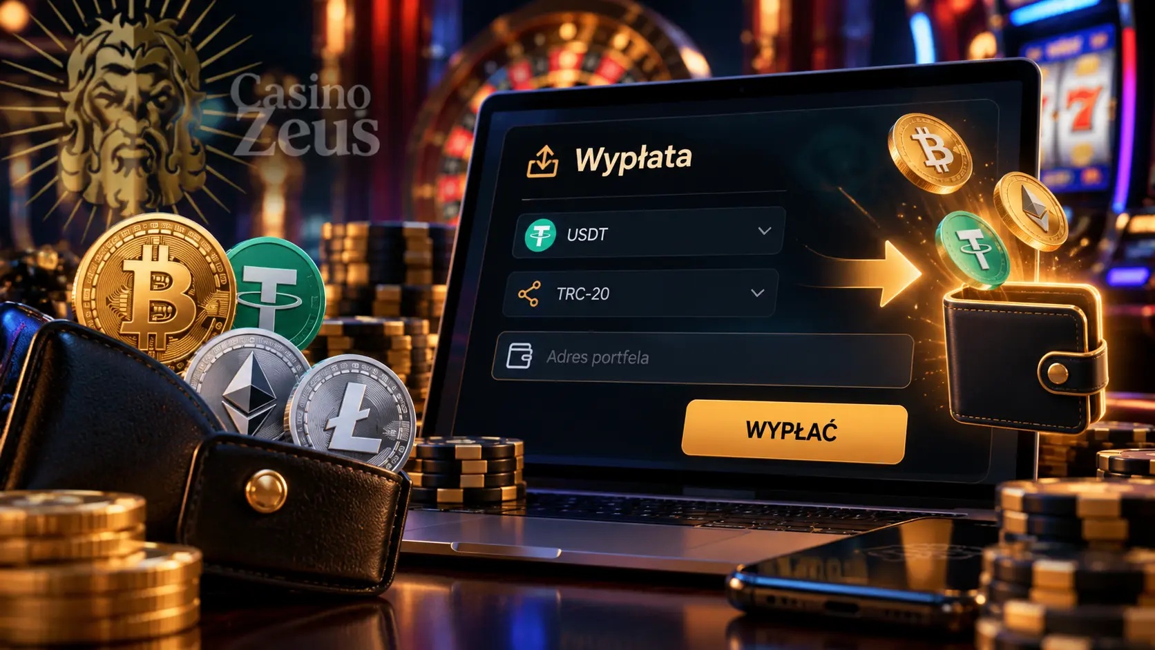 Ilustracja wypłaty USDT z kasyna na portfel kryptowalutowy