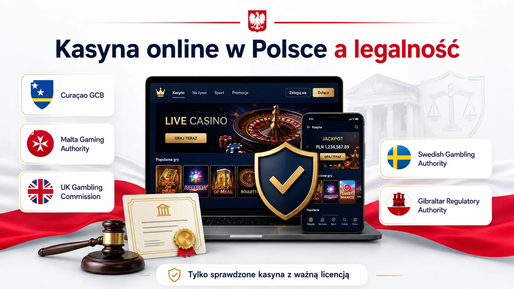 Grafika przedstawiająca legalność kasyn online w Polsce, licencje hazardowe i zweryfikowane platformy