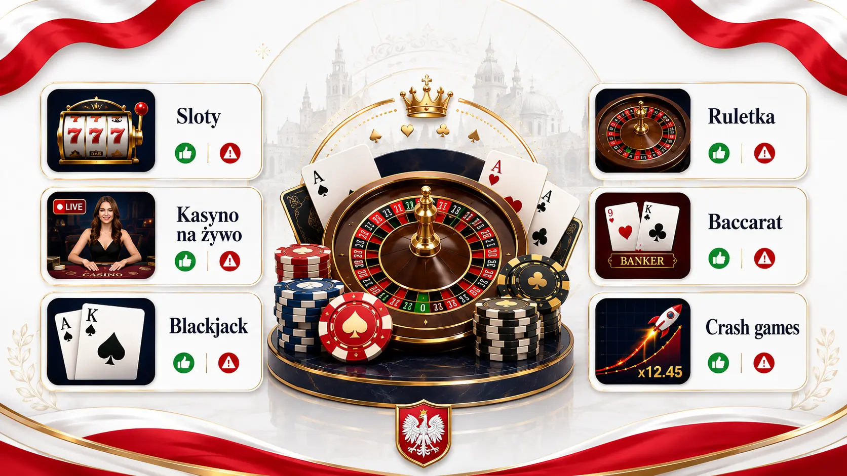 Sloty, kasyno na żywo, blackjack, ruletka, baccarat i crash games przedstawione jako główne kategorie gier kasynowych