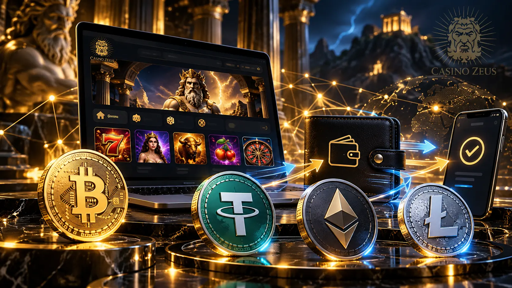 Ilustracja kryptowalut Bitcoin, USDT, Ethereum i Litecoin na tle kasyna online