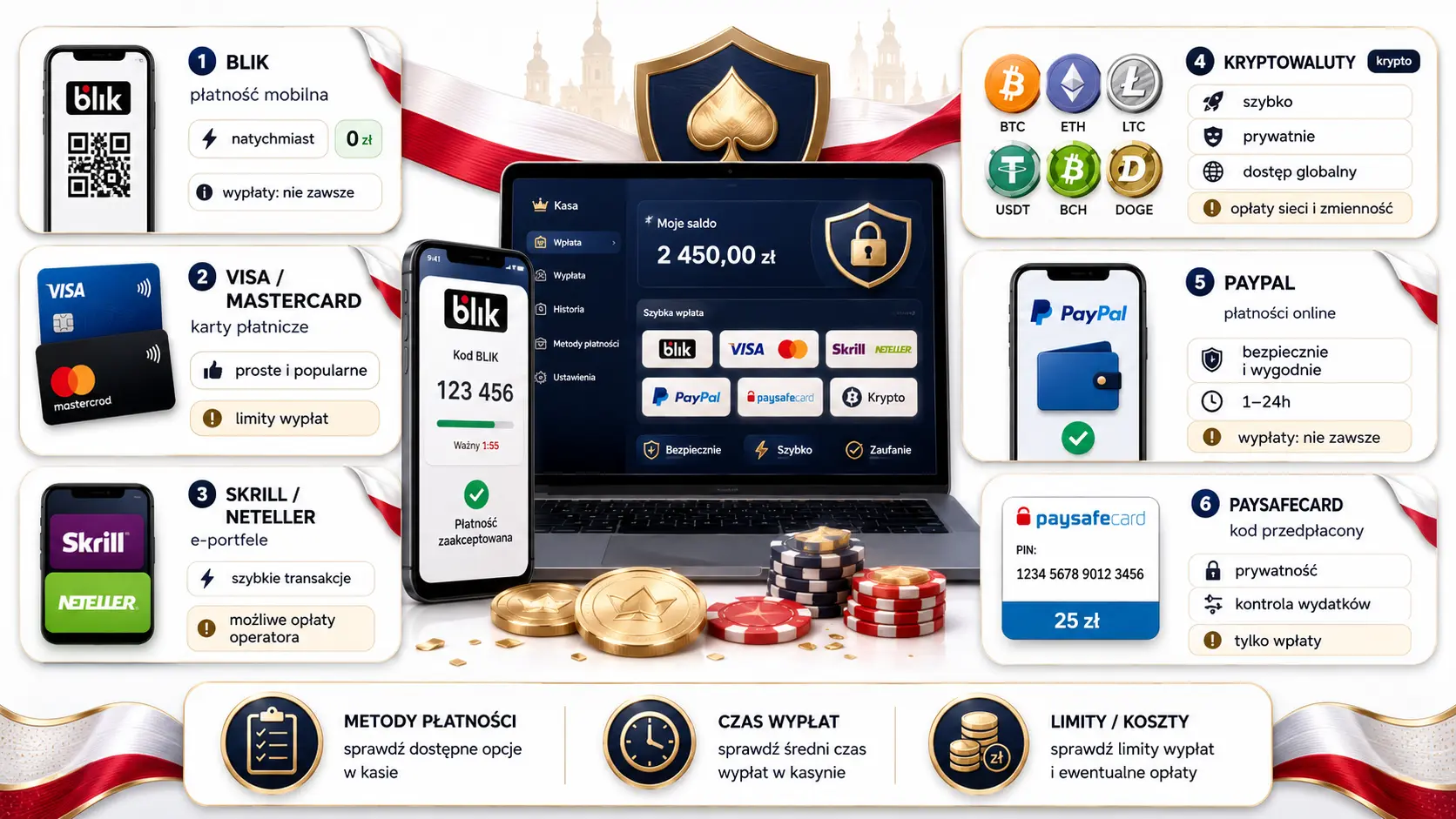 Porównanie metod płatności dostępnych dla graczy z Polski, obejmujące BLIK, karty, e-portfele, kryptowaluty, PayPal i Paysafecard
