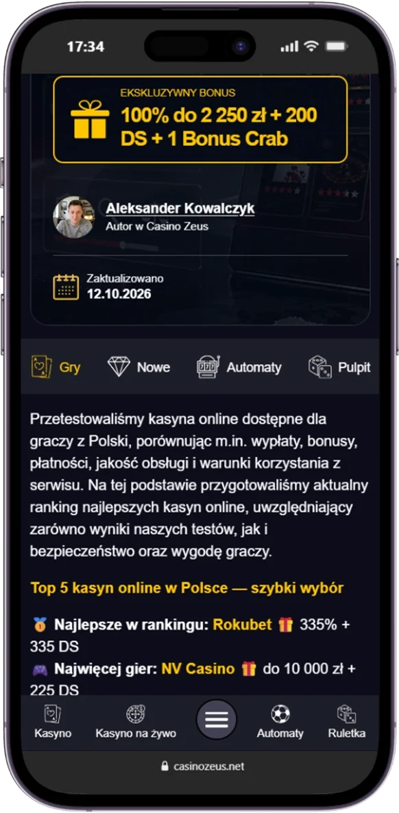 Zrzut ekranu przedstawiający stronę główną serwisu Casino Zeus
