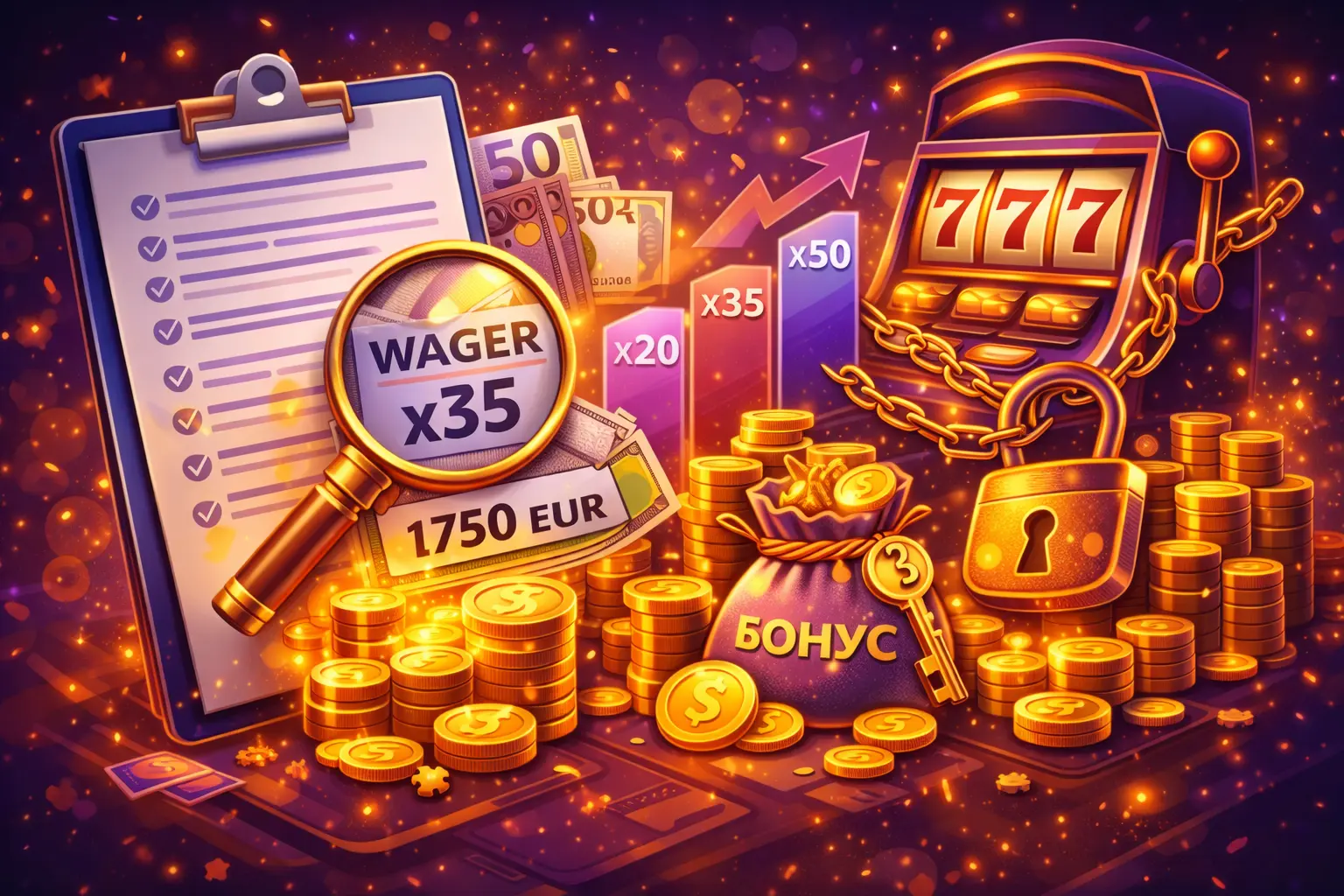 Инфографика о вейджере бонуса казино с расчётом отыгрыша, лимитами ставок и условиями вывода