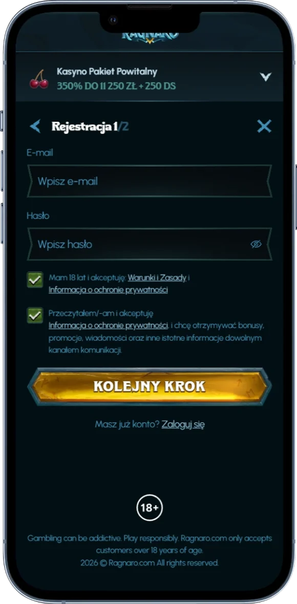 Rejestracja w Ragnaro Casino za pomocą formularza rejestracyjnego