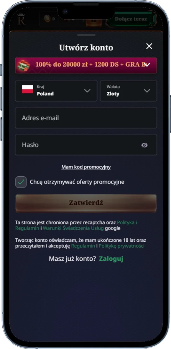 Zrzut ekranu formularza rejestracyjnego w RoyalXO