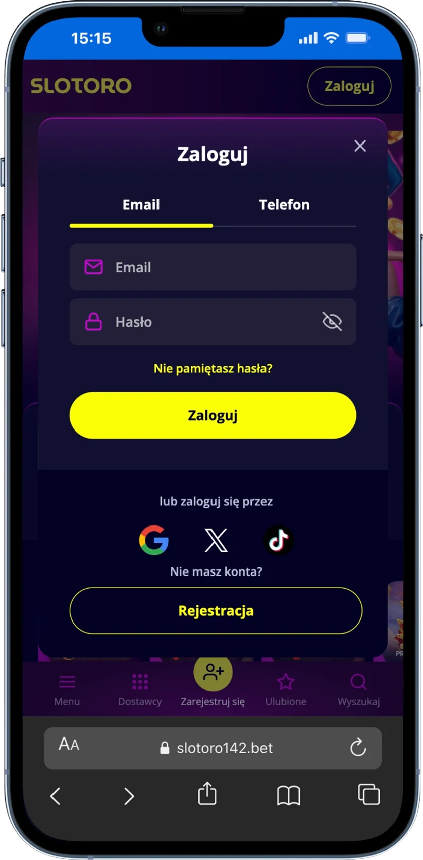 Slotoro - logowanie