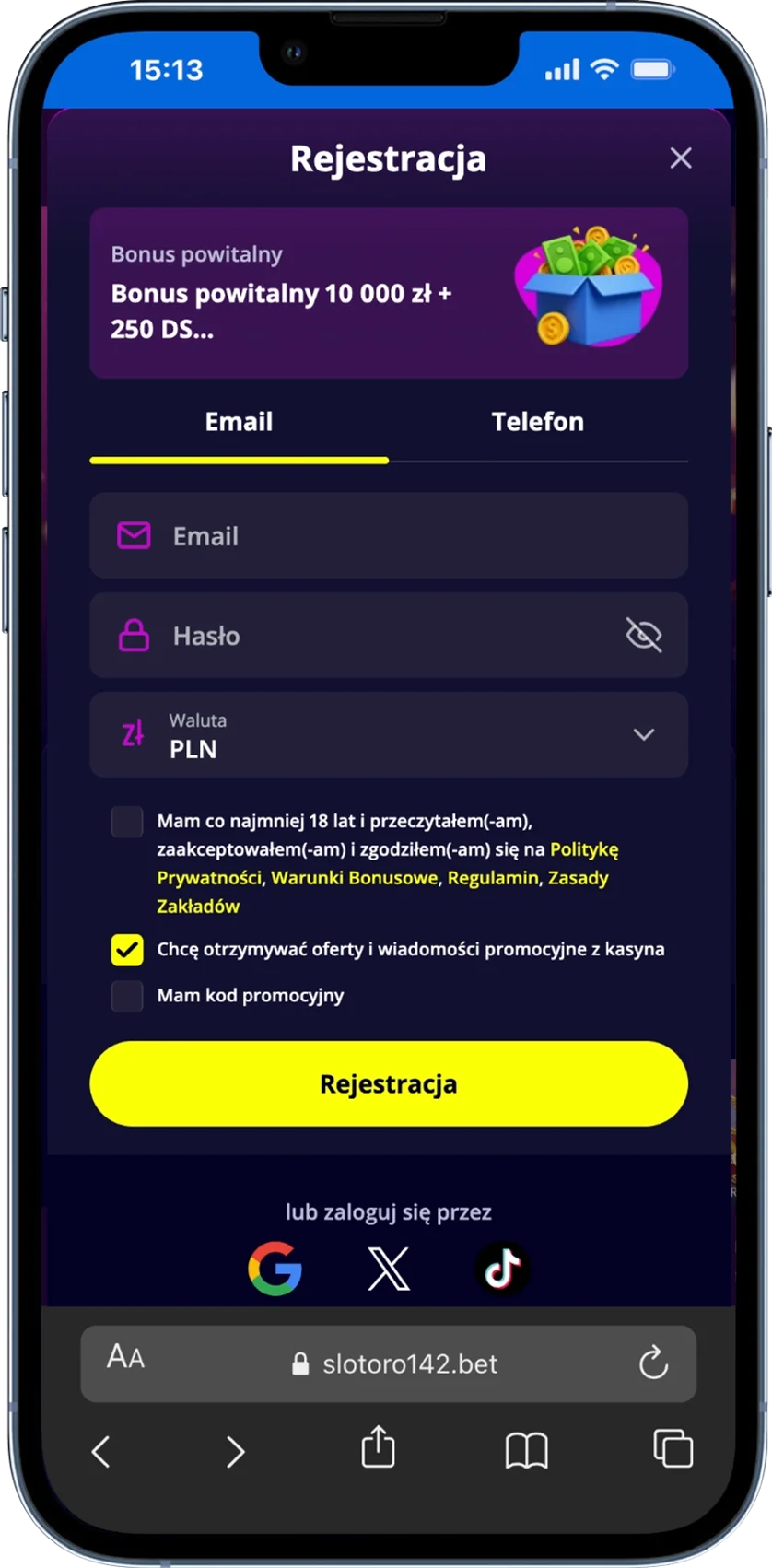 Slotoro - rejestracja
