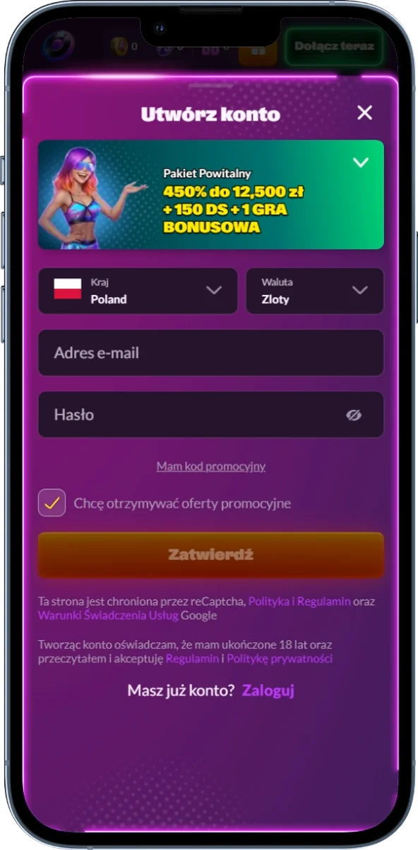 Zrzut ekranu formularza rejestracji konta w SlotRave