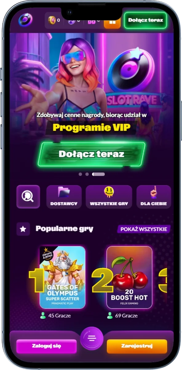 Zrzut ekranu przedstawiający pierwszy ekran strony głównej SlotRave