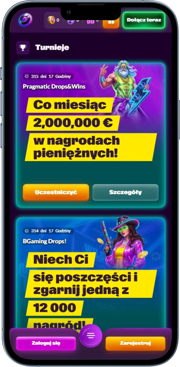 Zrzut ekranu sekcji turniejów dostępnych w SlotRave