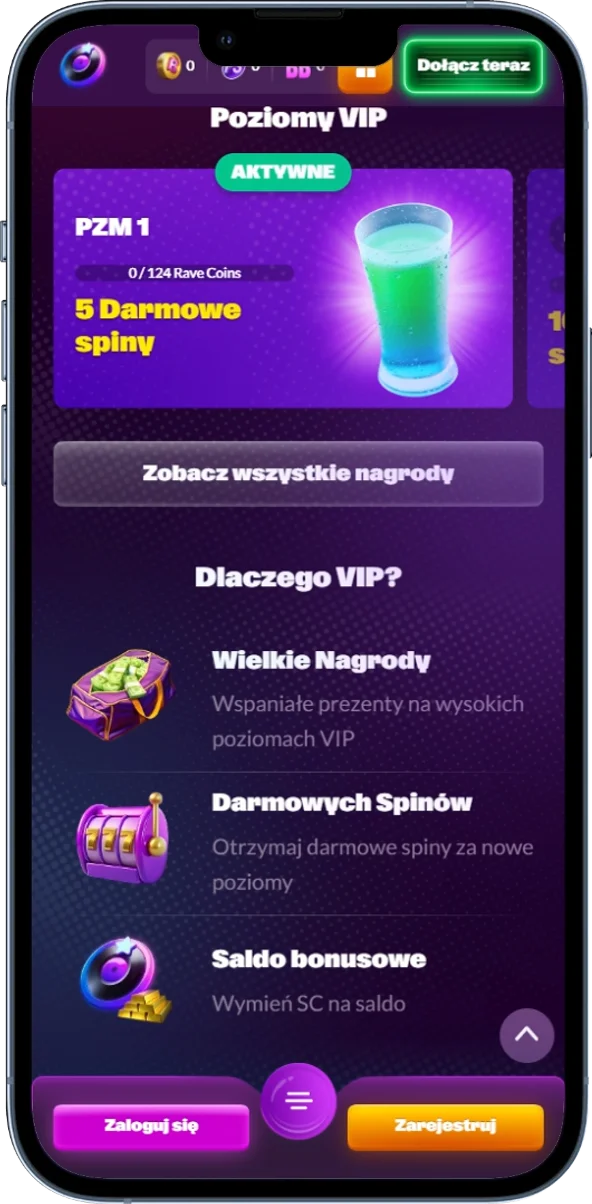 Zrzut ekranu przedstawiający sekcję VIP Club w SlotRave