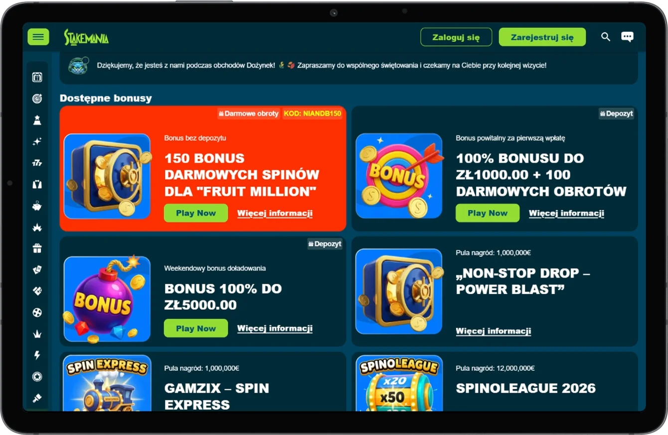Sekcja bonusów i promocji dostępnych w Stakemania