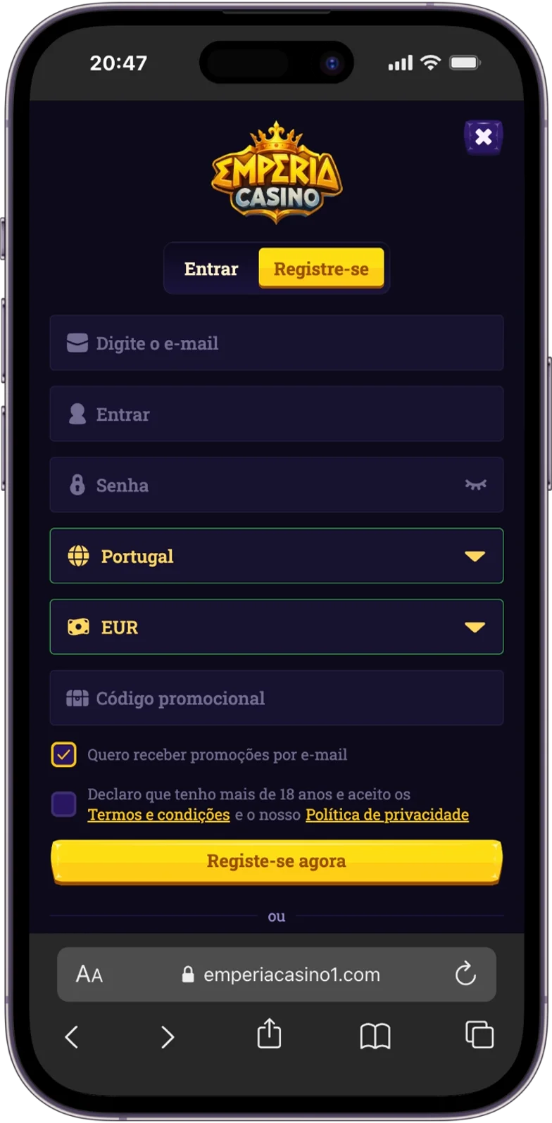 Registo do Emperia Casino